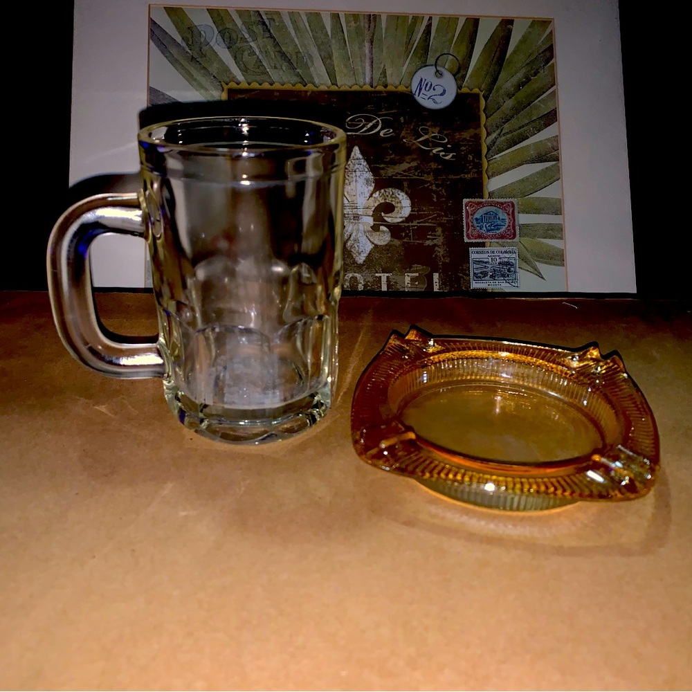 Vintage Glass Mug and Amber Iridescent Ashtray Set